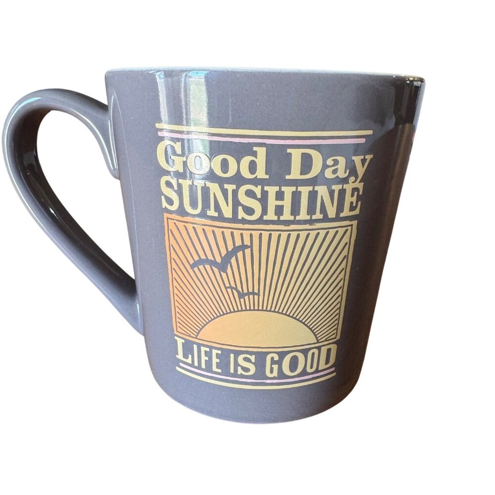 Life Is Good Coffee Mug Gray Yellow "Good Day Sunshine” 12 oz Ceramic